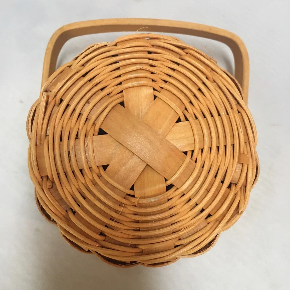 Woven Wood Basket Small Tan Round Handcrafted Swing Handle Decor Cottagecore